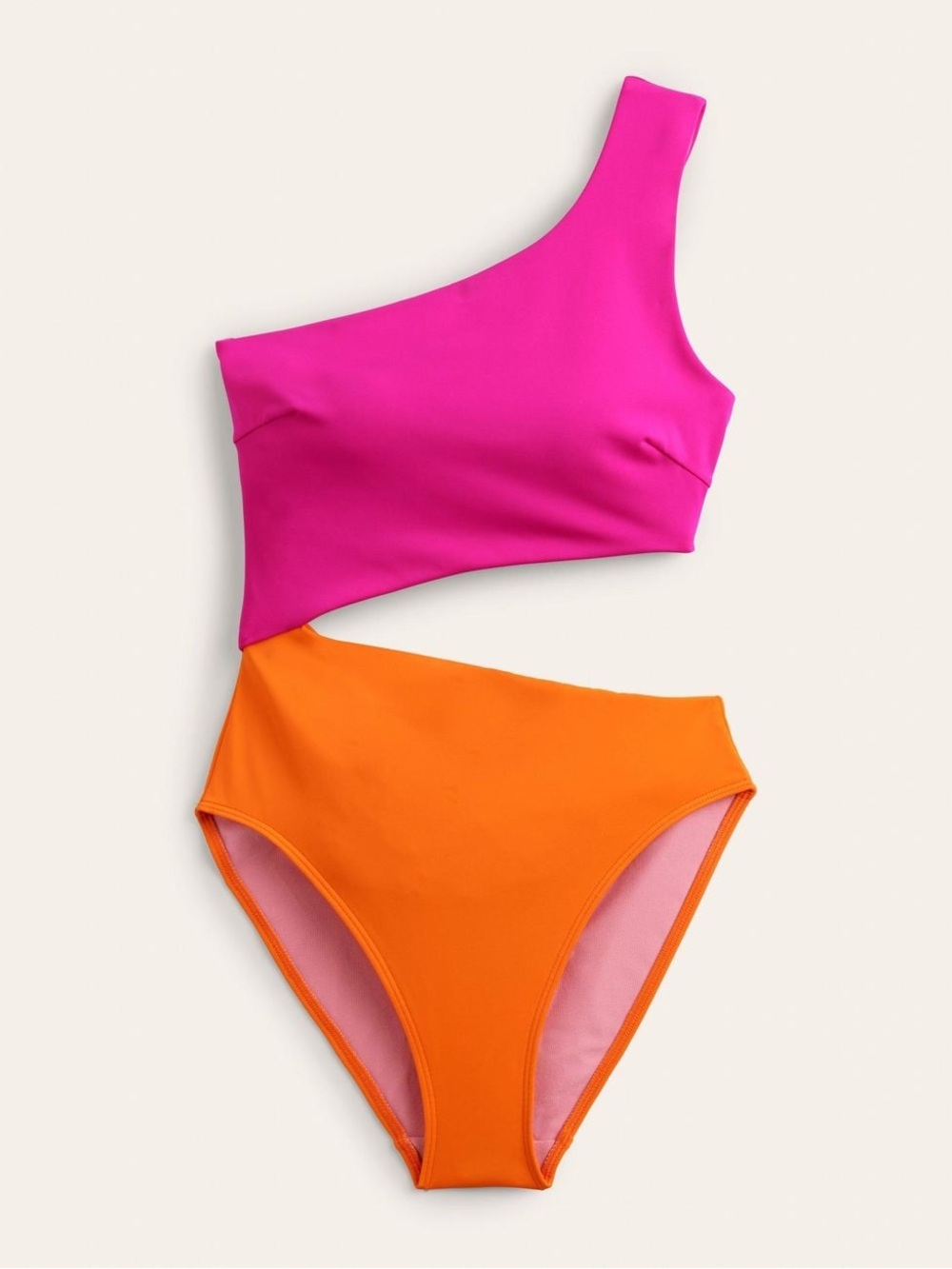 Boden One-Shoulder Colorblock One-Piece Swimsuit in Hot Pink and Orange